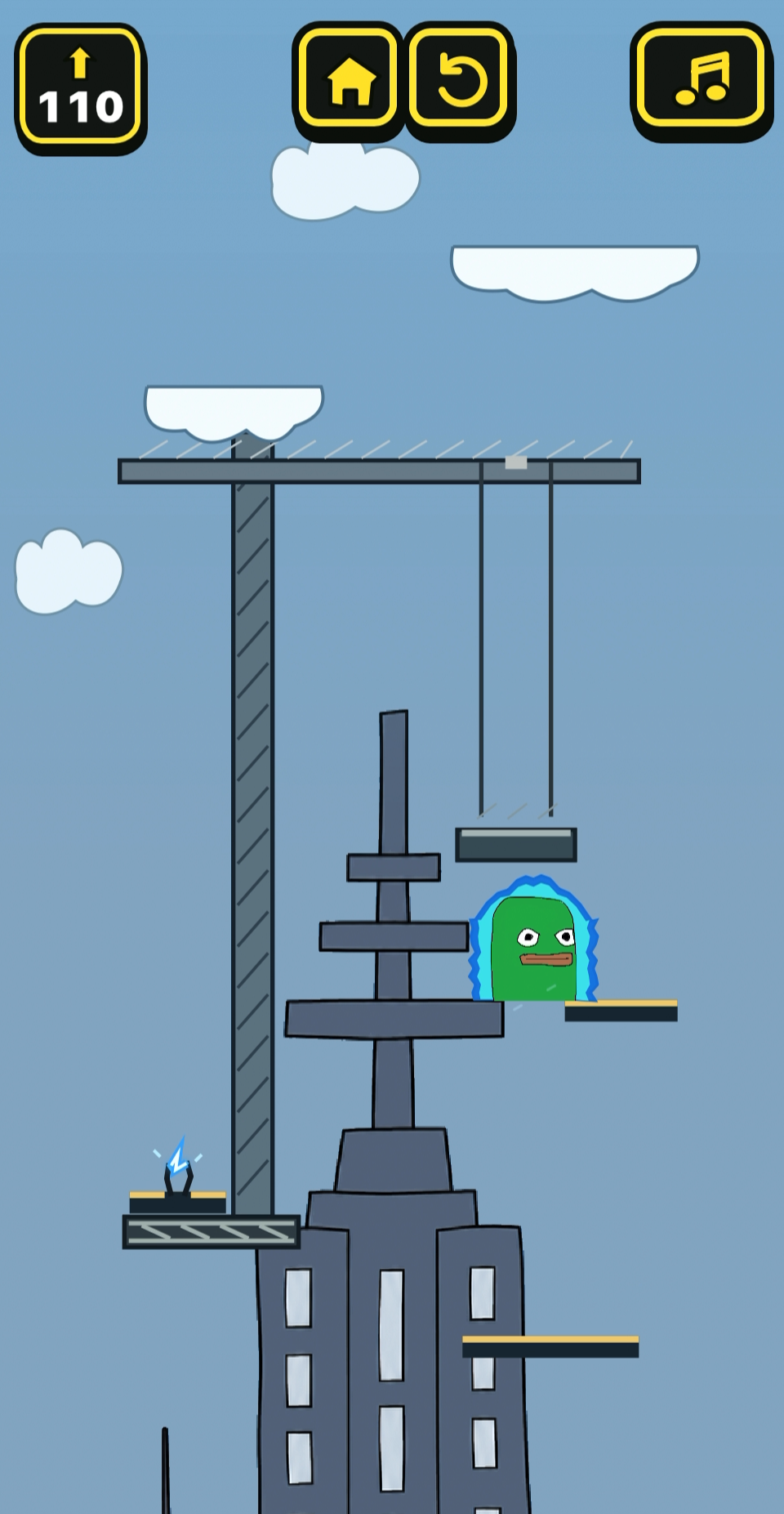 HOHER gameplay: Daumenfrosch on a platform beside a construction crane, high above city buildings, with clouds and the game's height and navigation controls.